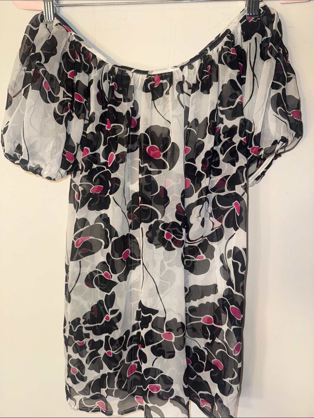 Rare Vintage Karen Kane Silk Off-Shoulder Floral Sheer Blouse - Black & Pink